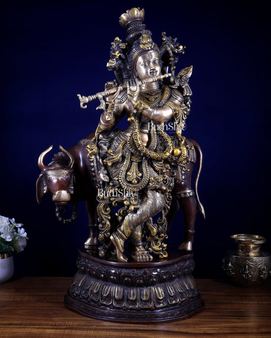 Pure Brass Lord Krishna with Cow Statue – Three Tone Finish 28 inch - Budhshiv.com