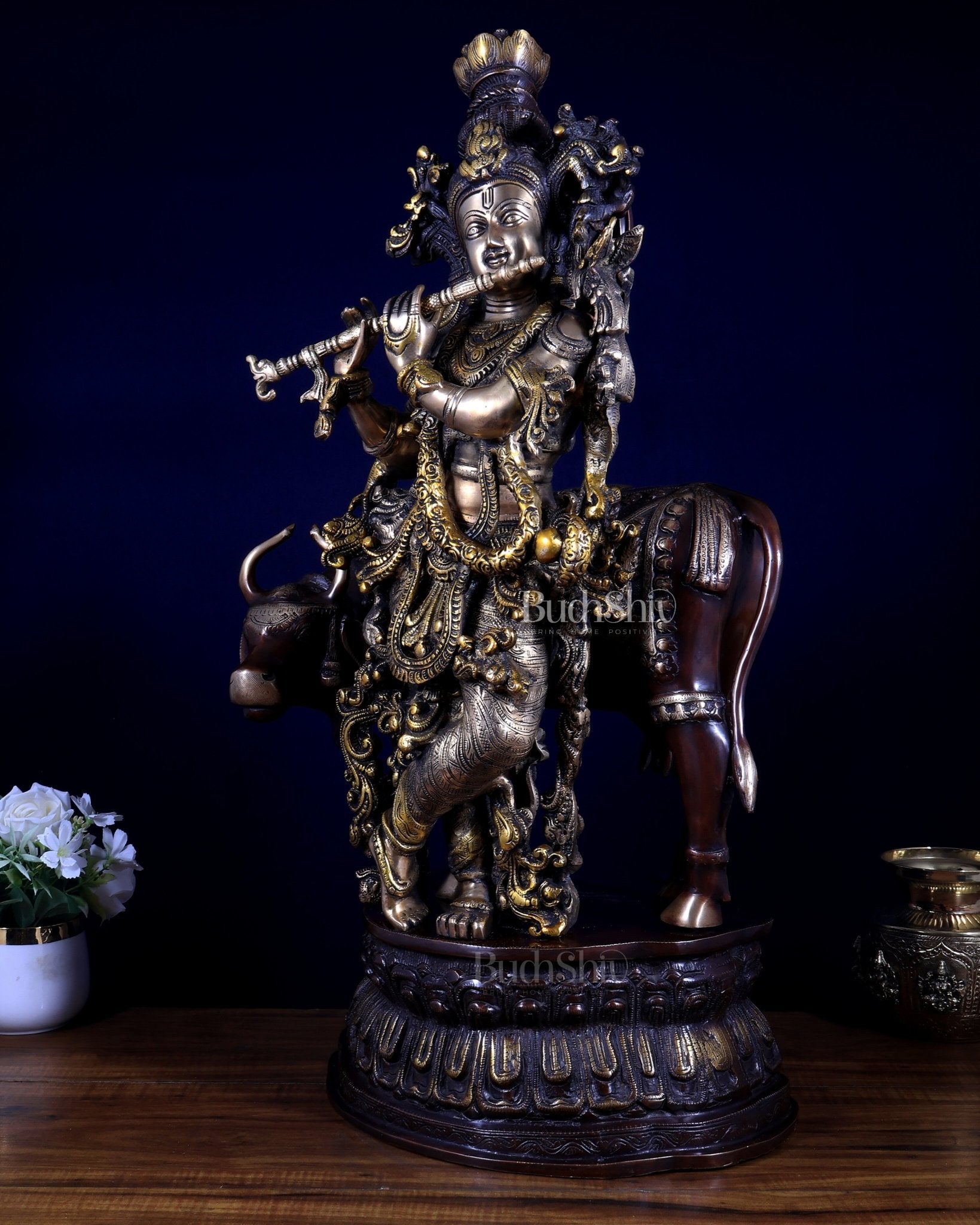 Pure Brass Lord Krishna with Cow Statue – Three Tone Finish 28 inch - Budhshiv.com