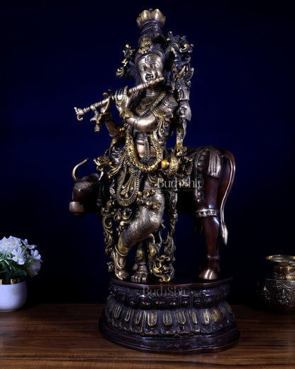 Pure Brass Lord Krishna with Cow Statue – Three Tone Finish 28 inch - Budhshiv.com