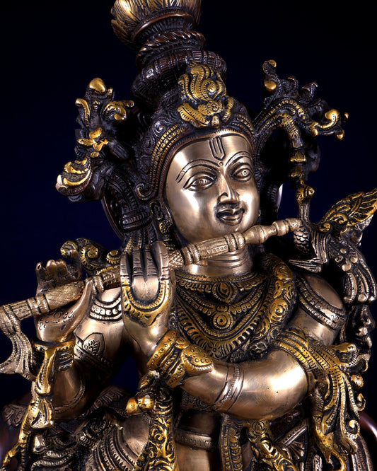 Pure Brass Lord Krishna with Cow Statue – Three Tone Finish 28 inch - Budhshiv.com