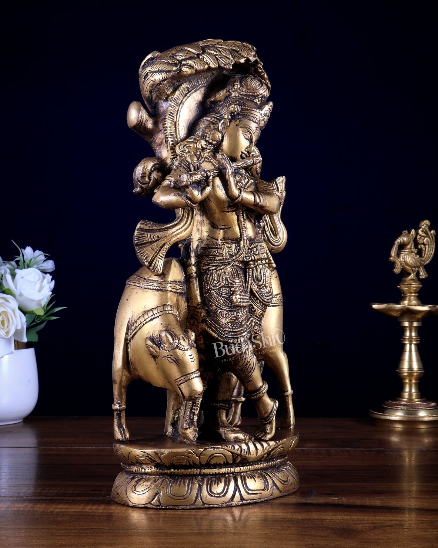 Pure Brass Lord Krishna with Cow under Kalpavriksha Tree 12.5 inch - Budhshiv.com