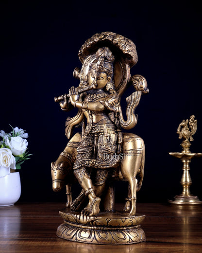 Pure Brass Lord Krishna with Cow under Kalpavriksha Tree 12.5 inch - Budhshiv.com