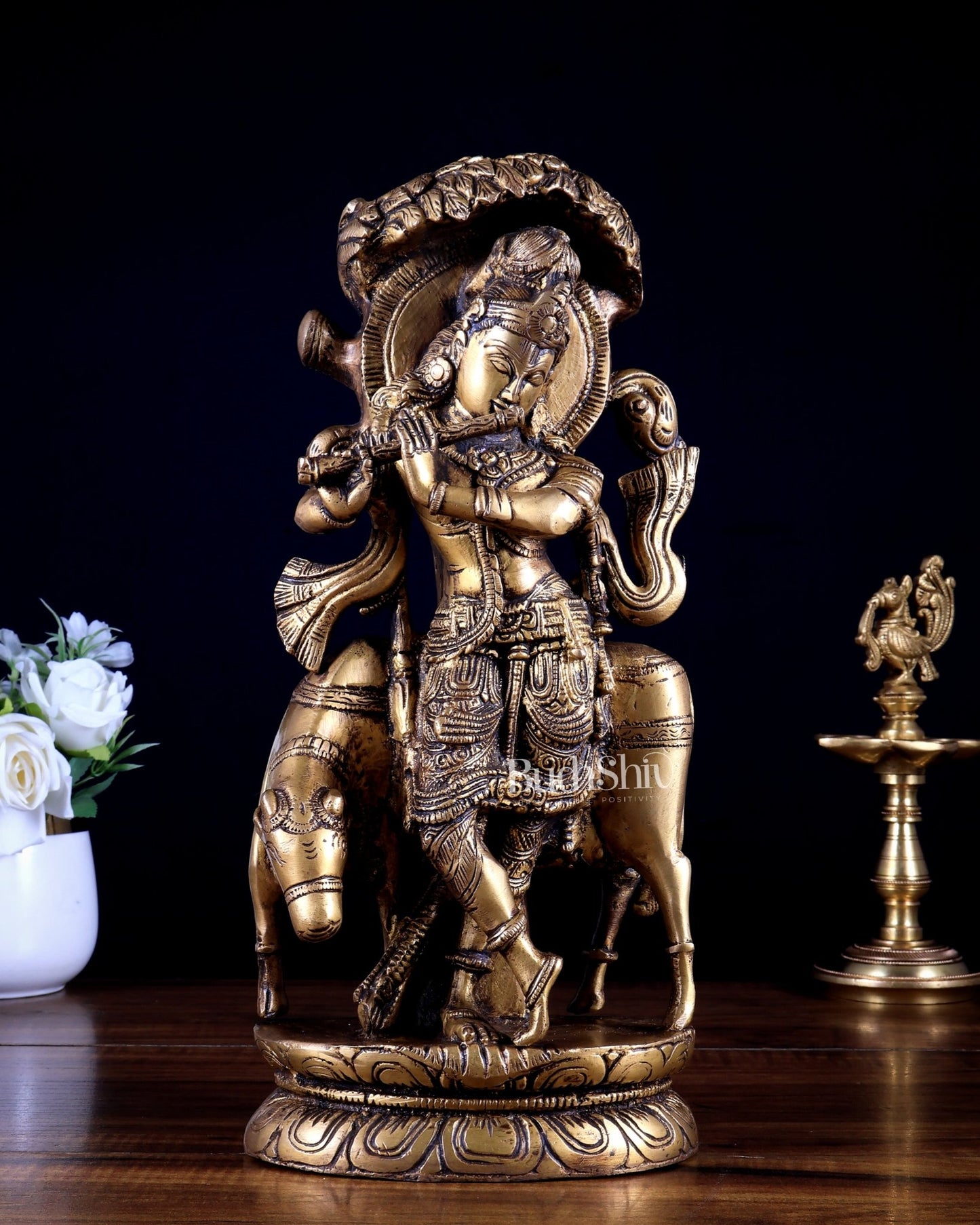 Pure Brass Lord Krishna with Cow under Kalpavriksha Tree 12.5 inch - Budhshiv.com
