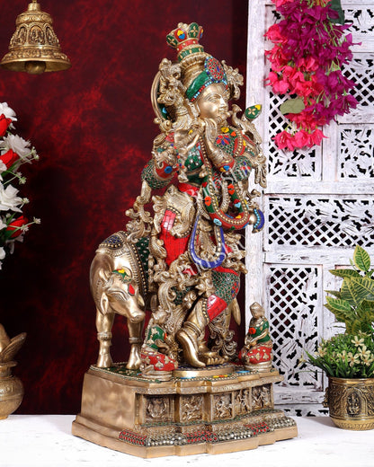 Pure Brass Lord Krishna with Cow with stonework 29 inch - Budhshiv.com