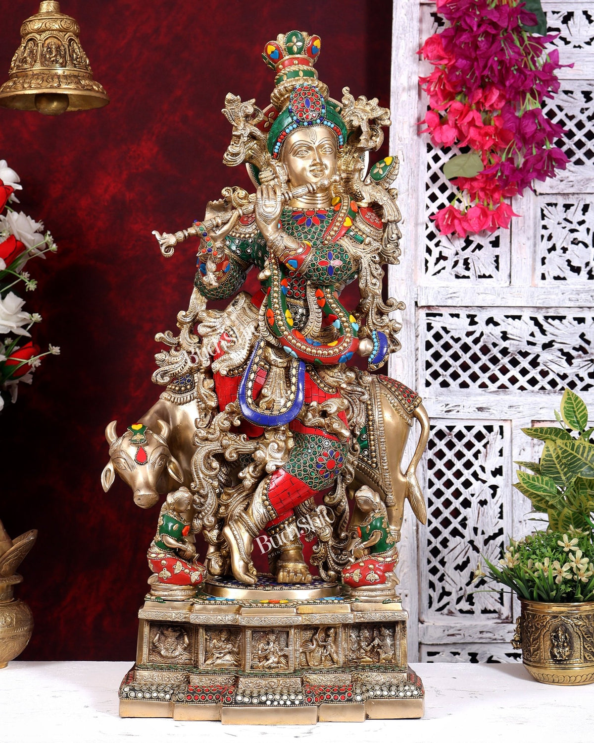 Pure Brass Lord Krishna with Cow with stonework 29 inch - Budhshiv.com