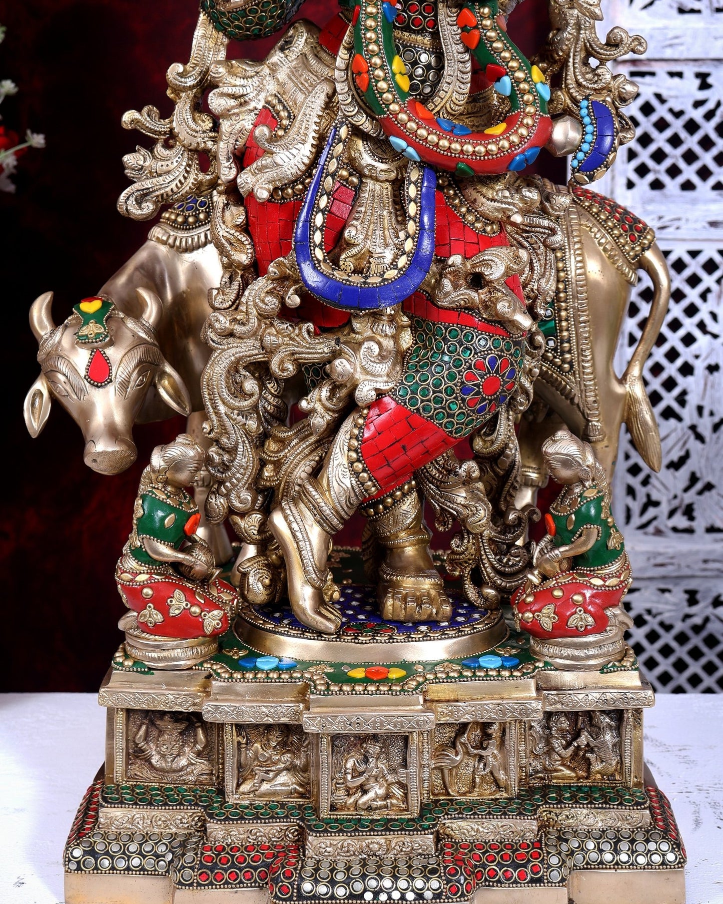 Pure Brass Lord Krishna with Cow with stonework 29 inch - Budhshiv.com
