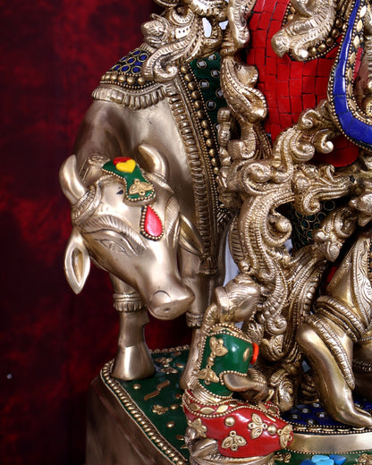 Pure Brass Lord Krishna with Cow with stonework 29 inch - Budhshiv.com