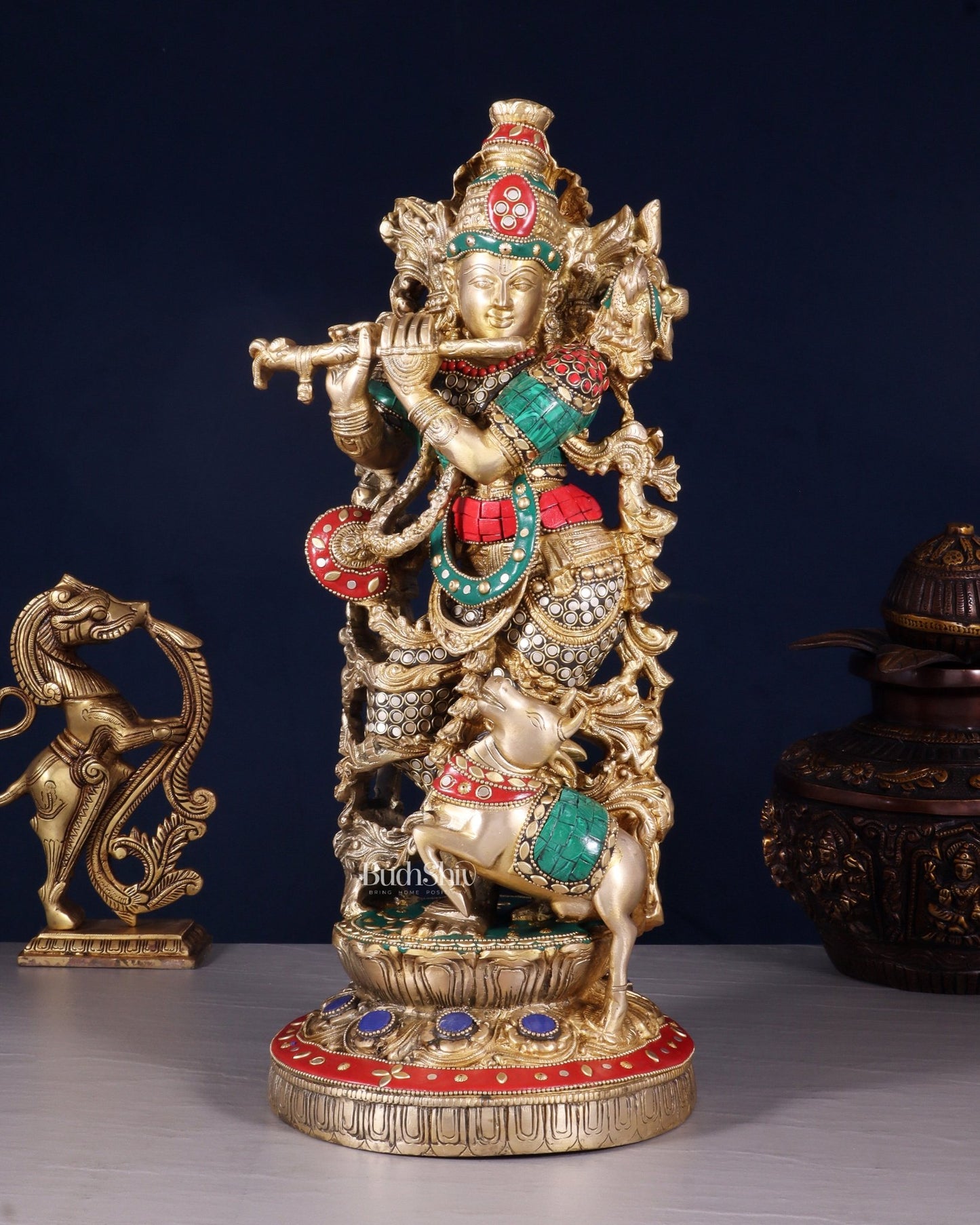 Pure Brass Lord Krishna with Jumping Cow Statue - 18" - Budhshiv.com