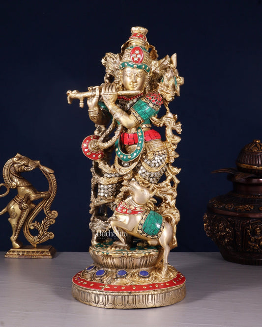 Pure Brass Lord Krishna with Jumping Cow Statue - 18" - Budhshiv.com