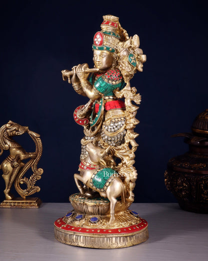 Pure Brass Lord Krishna with Jumping Cow Statue - 18" - Budhshiv.com