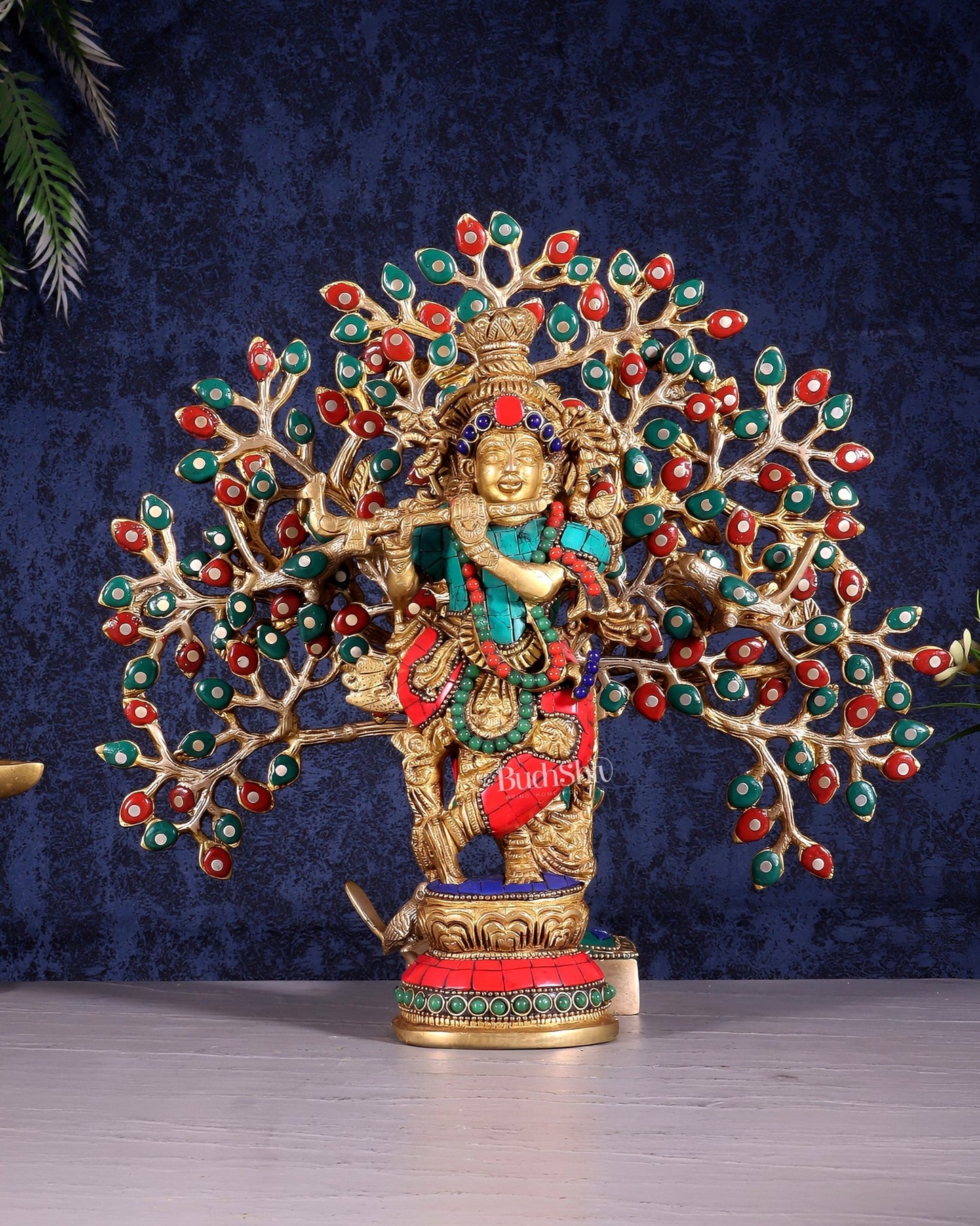 Pure Brass Lord Krishna with Kalpavriksha Tree Set – Meenakari Stonework 11" - Budhshiv.com