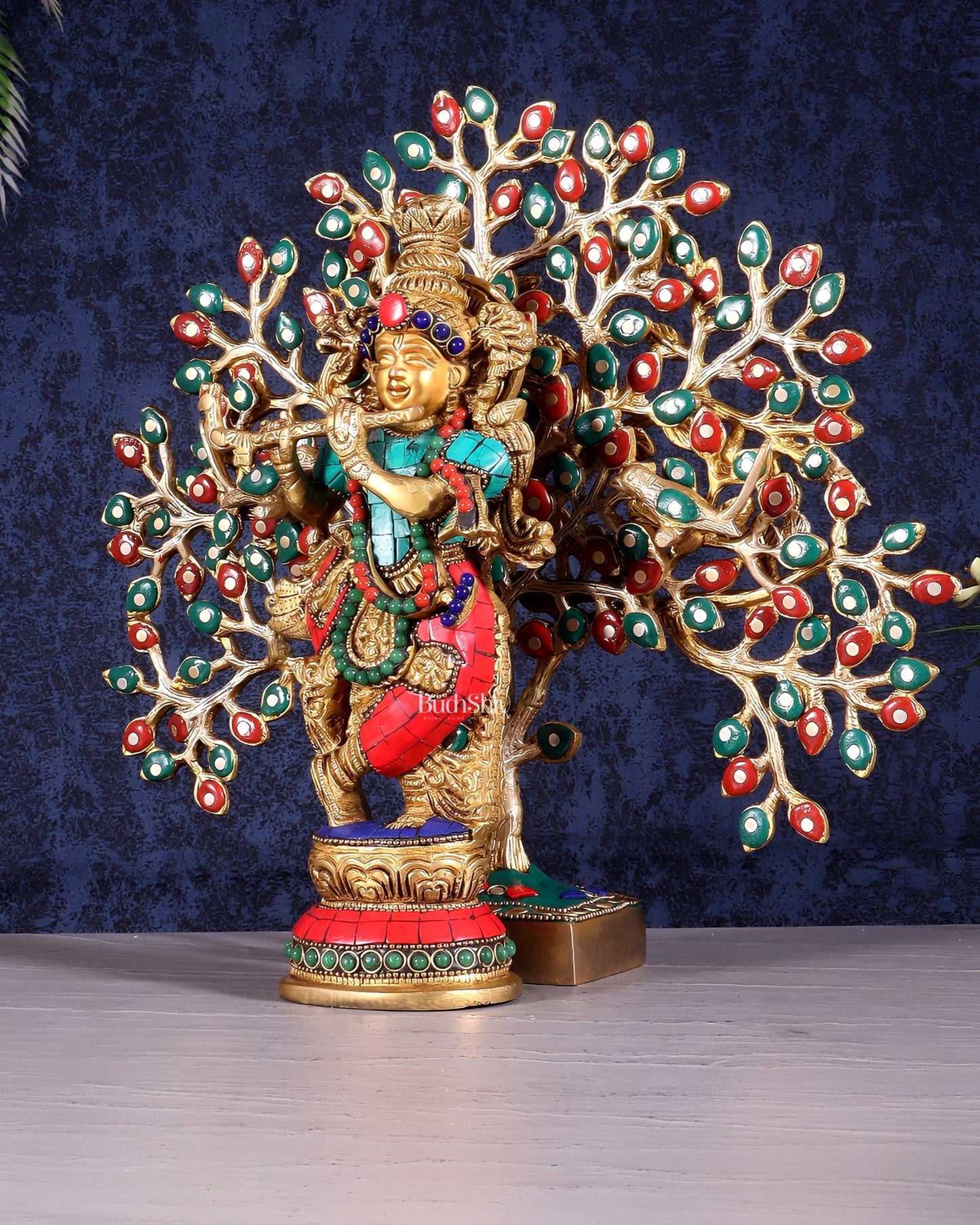 Pure Brass Lord Krishna with Kalpavriksha Tree Set – Meenakari Stonework 11" - Budhshiv.com