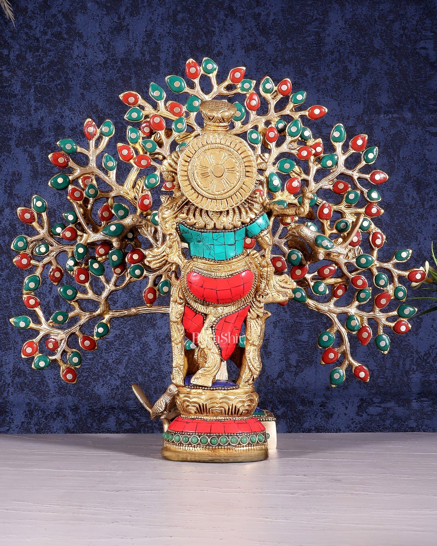 Pure Brass Lord Krishna with Kalpavriksha Tree Set – Meenakari Stonework 11" - Budhshiv.com