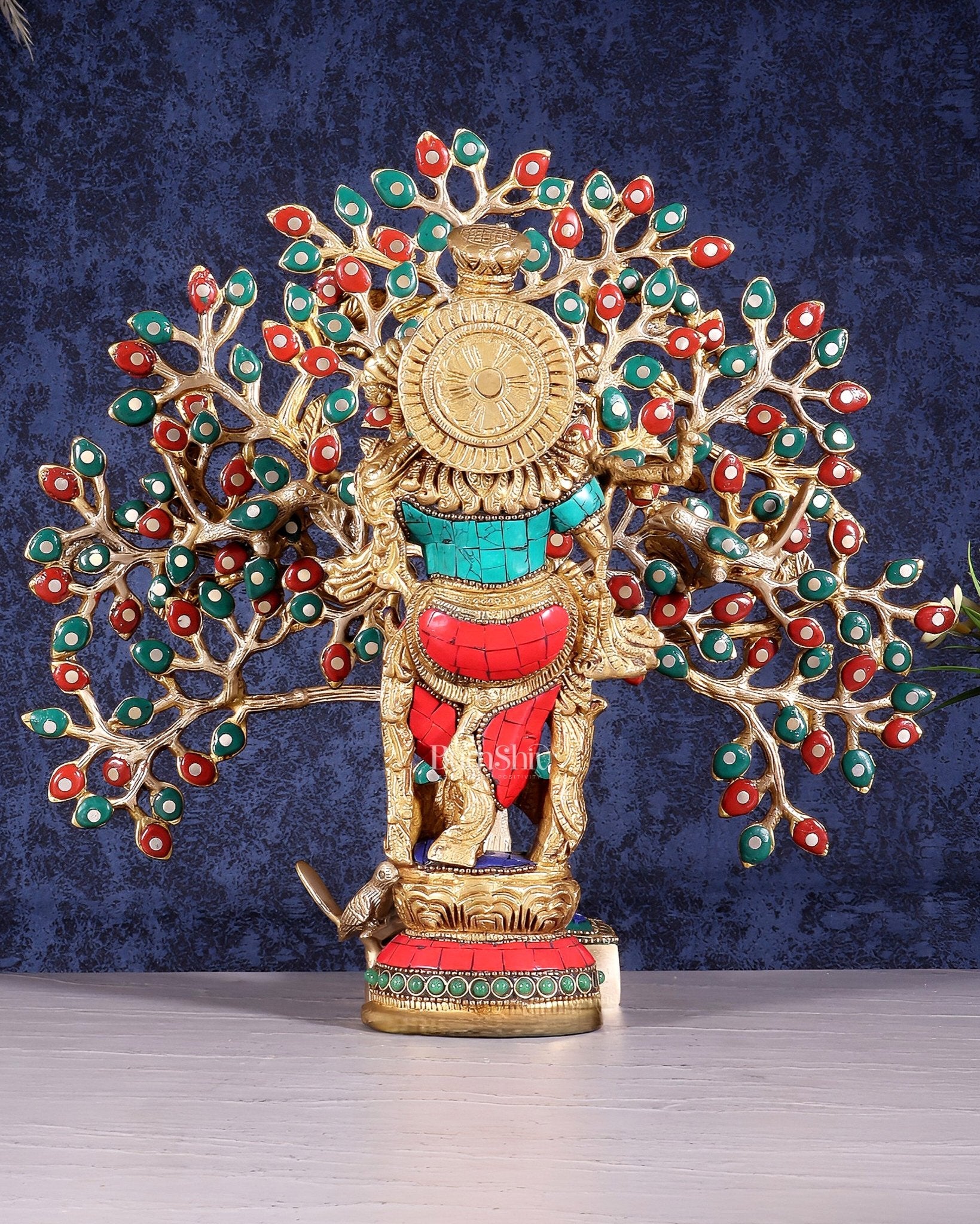 Pure Brass Lord Krishna with Kalpavriksha Tree Set – Meenakari Stonework 11" - Budhshiv.com