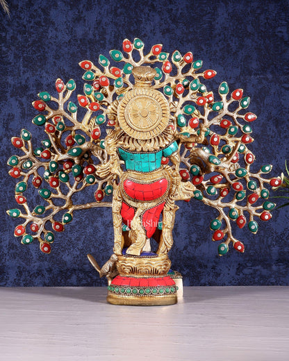 Pure Brass Lord Krishna with Kalpavriksha Tree Set – Meenakari Stonework 11" - Budhshiv.com
