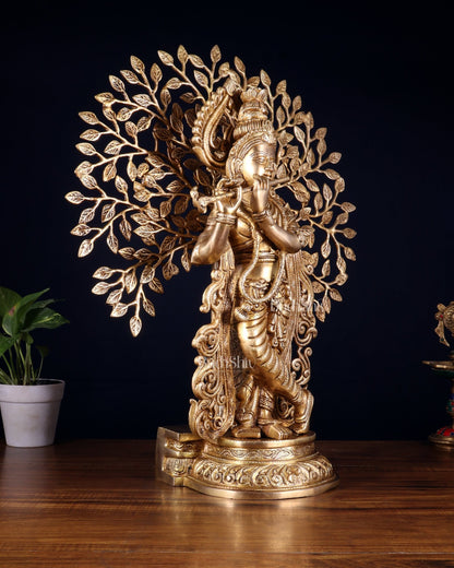 Pure Brass Lord Krishna with Kalpavriksha tree Statue 23" - Budhshiv.com