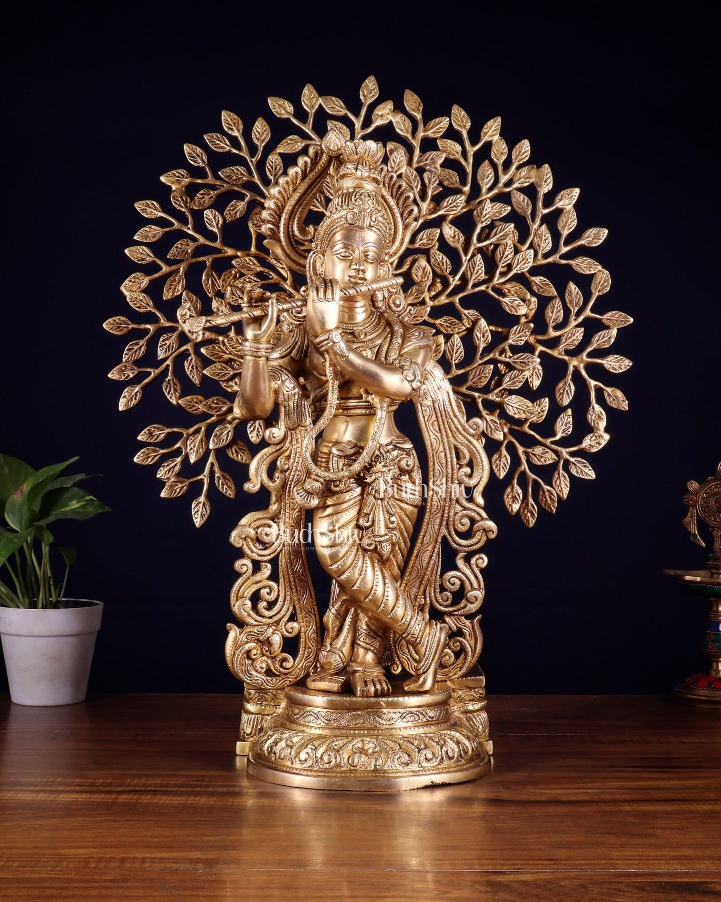 Pure Brass Lord Krishna with Kalpavriksha tree Statue 23" - Budhshiv.com