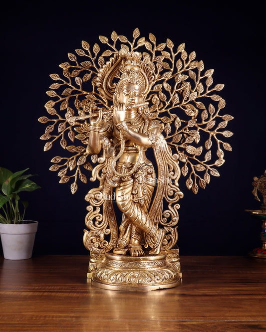 Pure Brass Lord Krishna with Kalpavriksha tree Statue 23" - Budhshiv.com