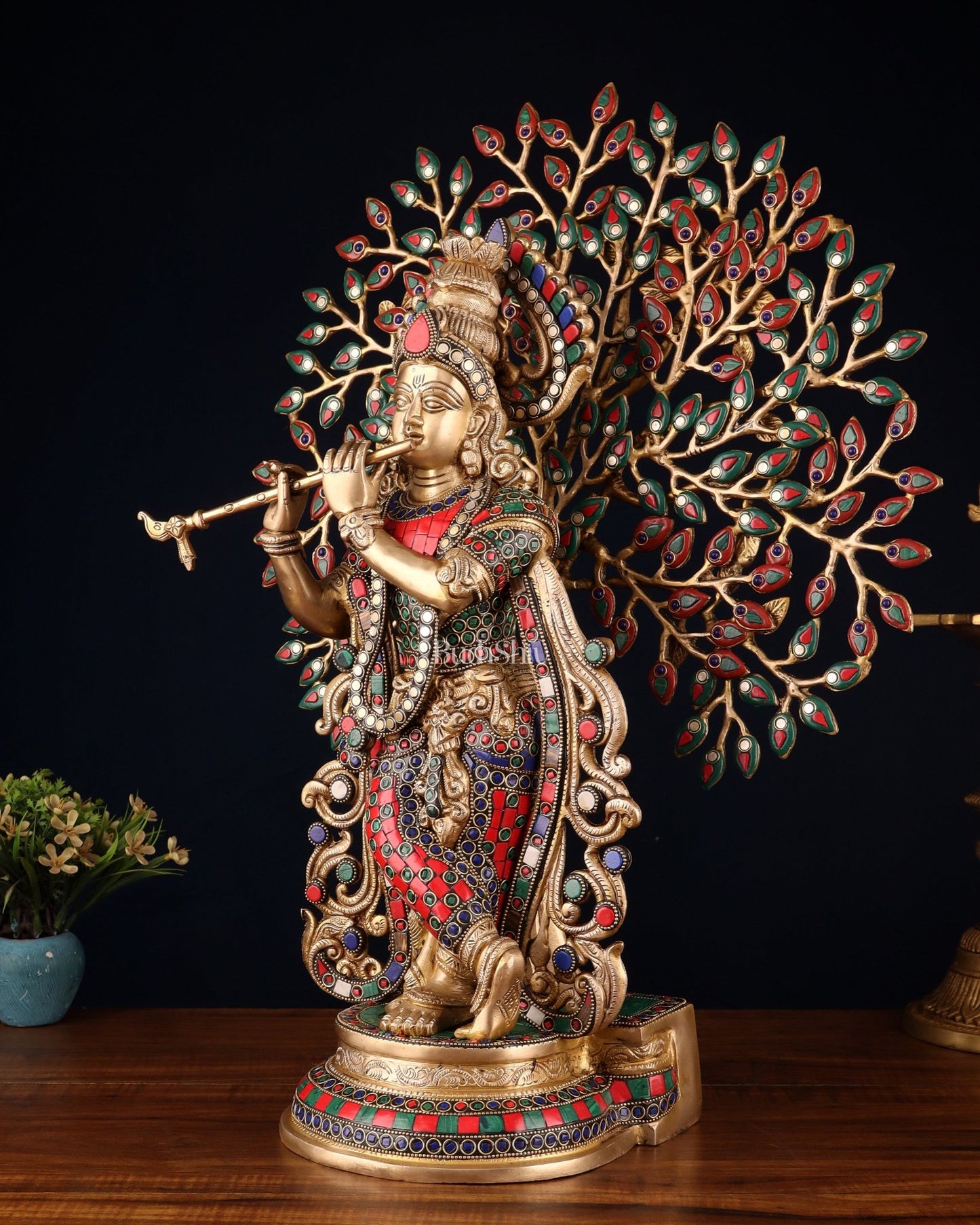 Pure Brass Lord Krishna with Kalpavriksha tree Statue 23" - Budhshiv.com