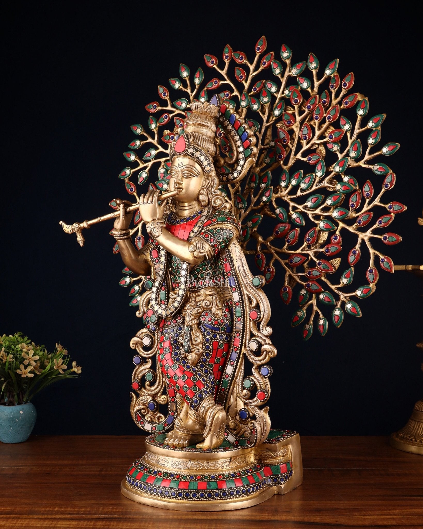 Pure Brass Lord Krishna with Kalpavriksha tree Statue 23" - Budhshiv.com