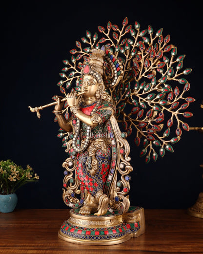 Pure Brass Lord Krishna with Kalpavriksha tree Statue 23" - Budhshiv.com