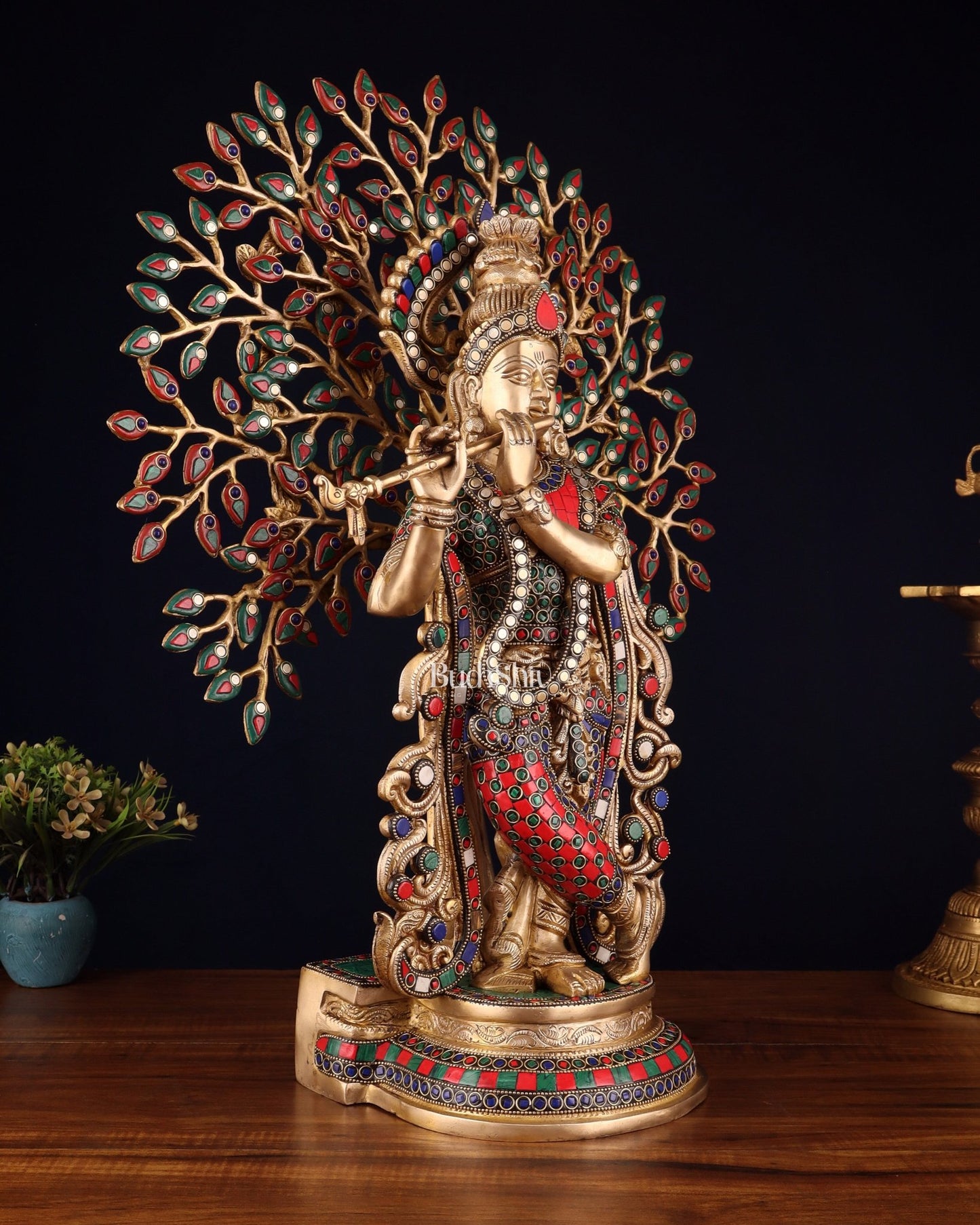 Pure Brass Lord Krishna with Kalpavriksha tree Statue 23" - Budhshiv.com