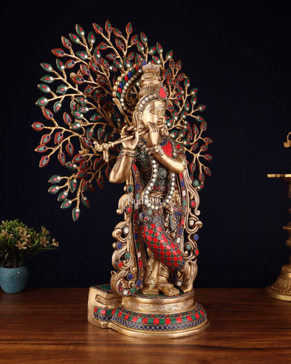 Pure Brass Lord Krishna with Kalpavriksha tree Statue 23" - Budhshiv.com