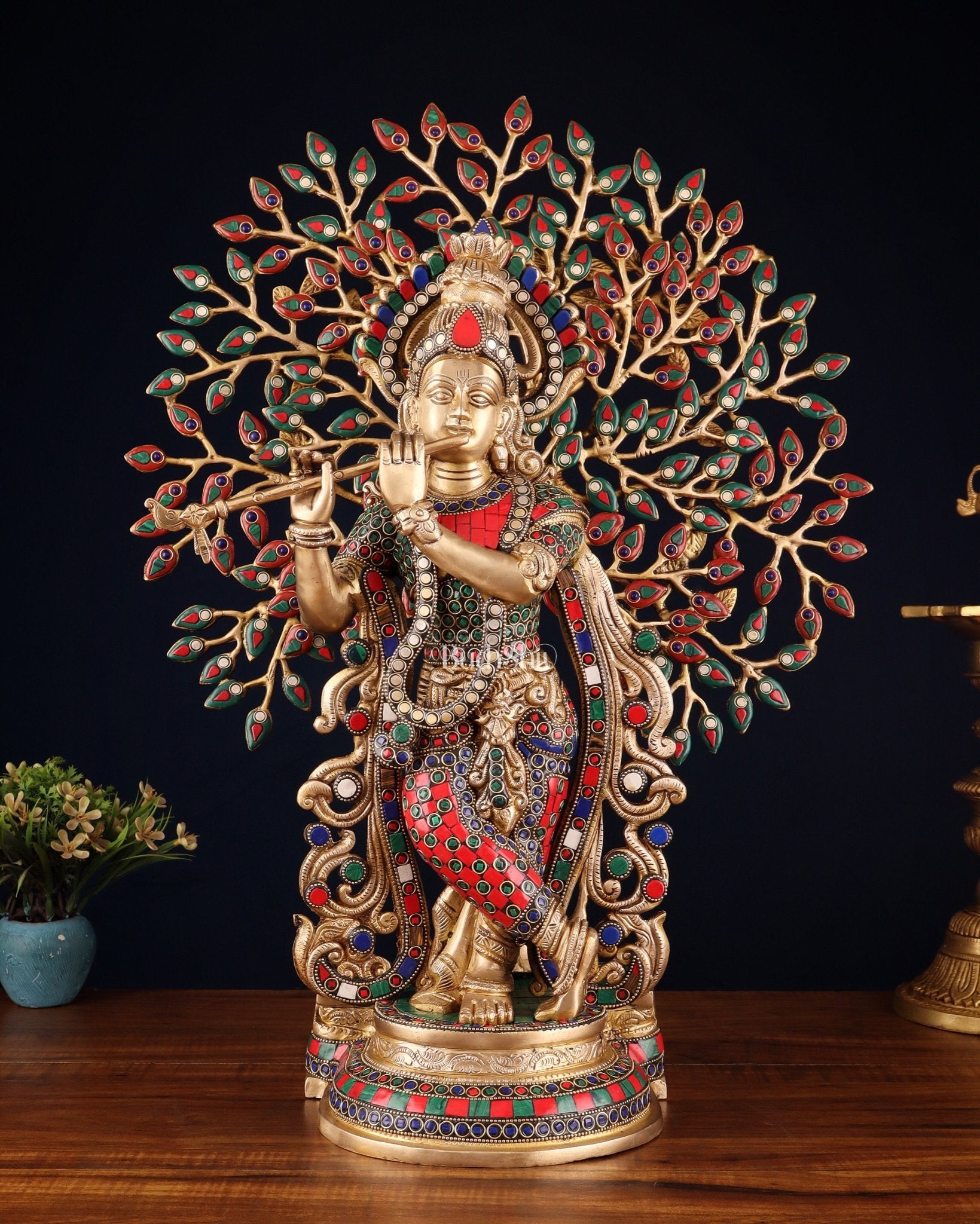 Pure Brass Lord Krishna with Kalpavriksha tree Statue 23" - Budhshiv.com