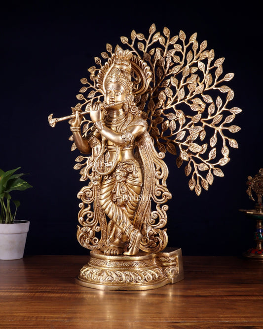 Pure Brass Lord Krishna with Kalpavriksha tree Statue 23" - Budhshiv.com