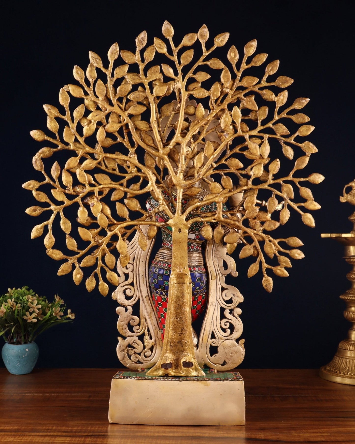 Pure Brass Lord Krishna with Kalpavriksha tree Statue 23" - Budhshiv.com