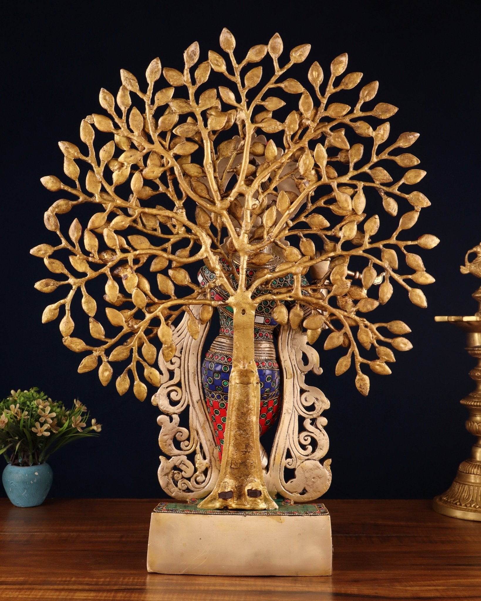 Pure Brass Lord Krishna with Kalpavriksha tree Statue 23" - Budhshiv.com