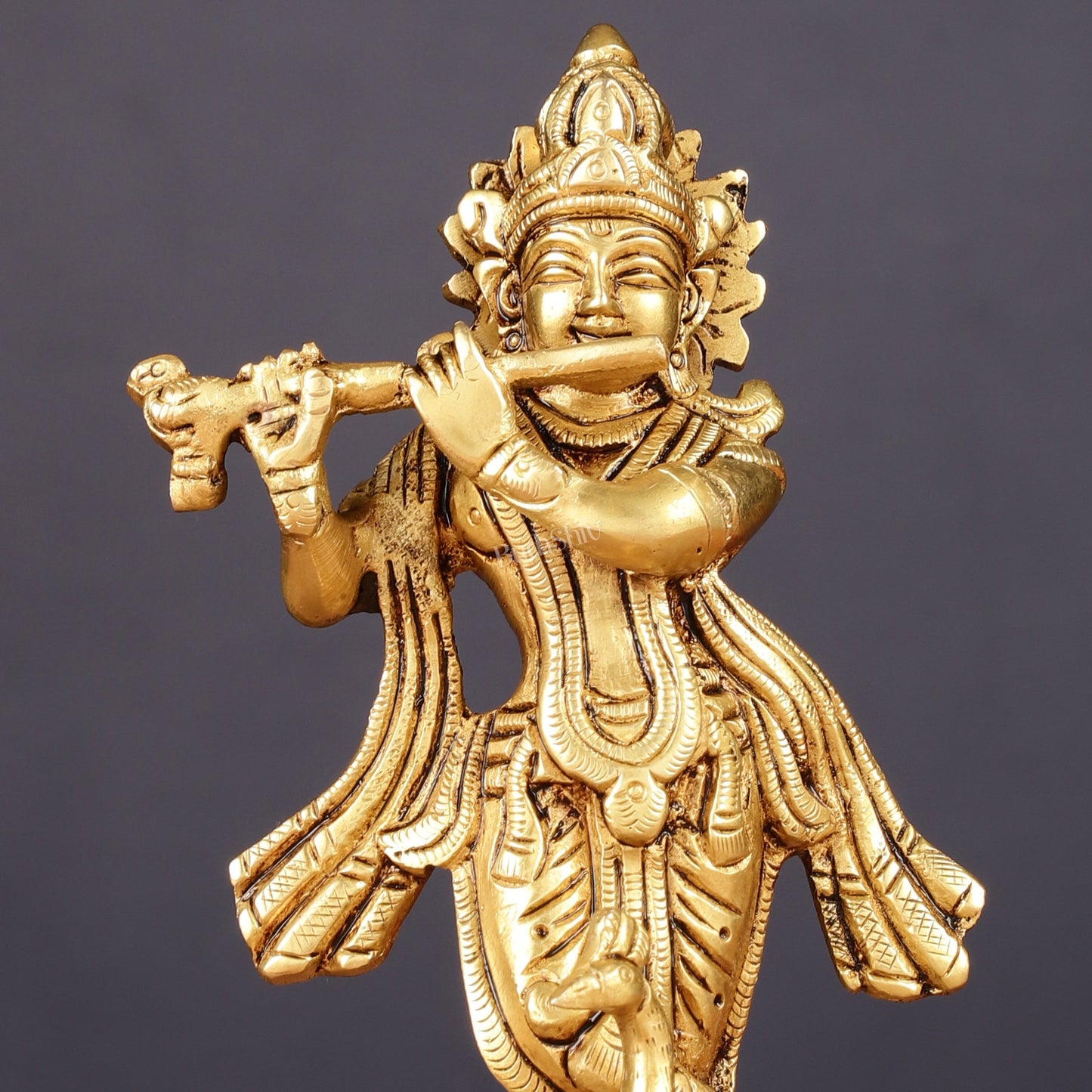 Pure Brass Lord Krishna with Peacock Idol 7" - Budhshiv.com