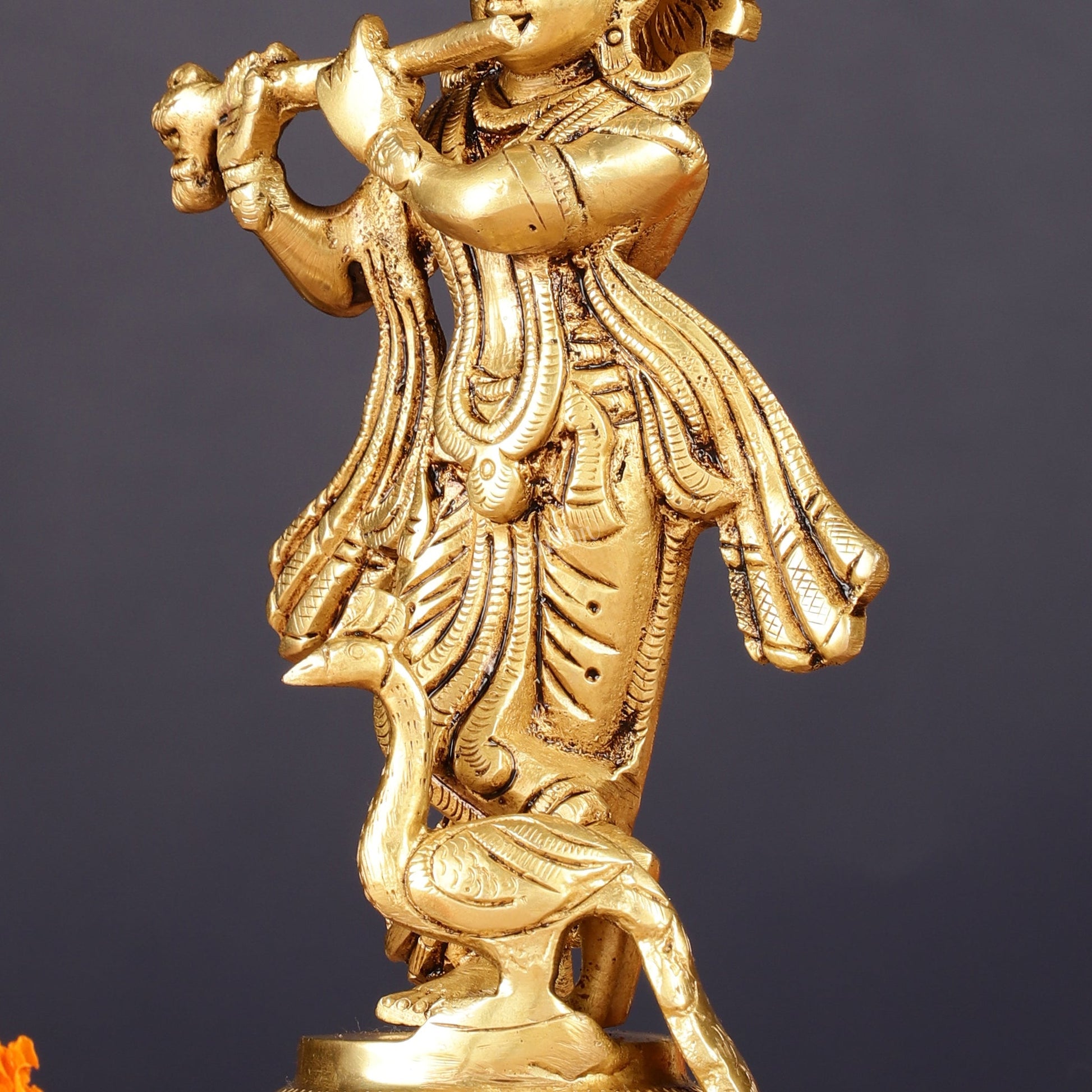 Pure Brass Lord Krishna with Peacock Idol 7" - Budhshiv.com