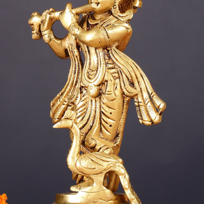 Pure Brass Lord Krishna with Peacock Idol 7" - Budhshiv.com