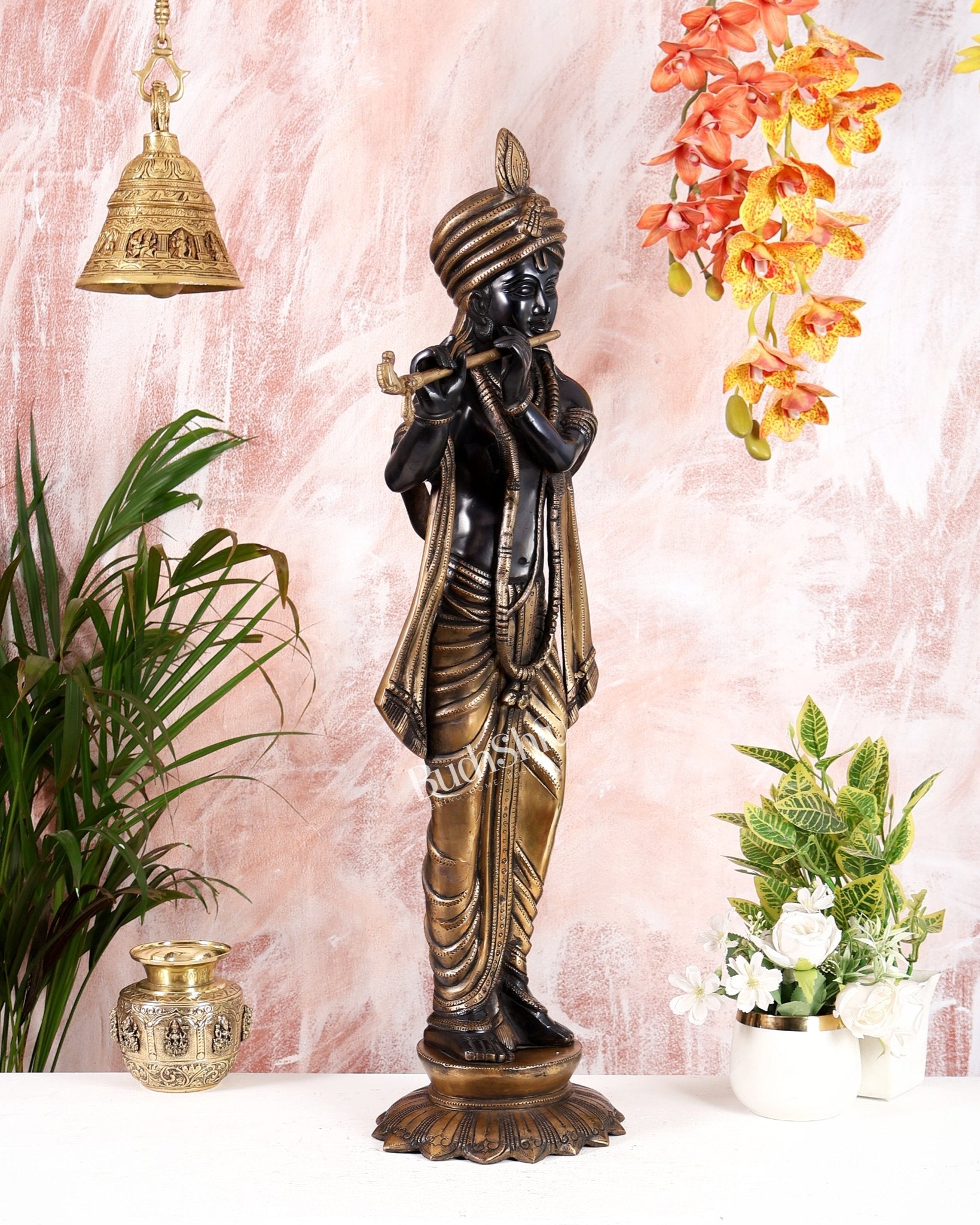 Pure Brass Lord Krishna with Turban (Pagdi) – Black Edition (29 Inches) - Budhshiv.com