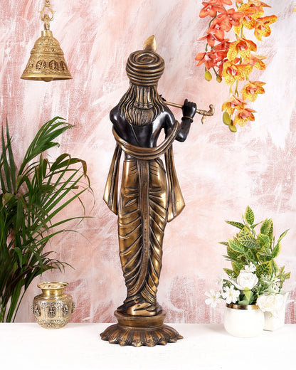 Pure Brass Lord Krishna with Turban (Pagdi) – Black Edition (29 Inches) - Budhshiv.com