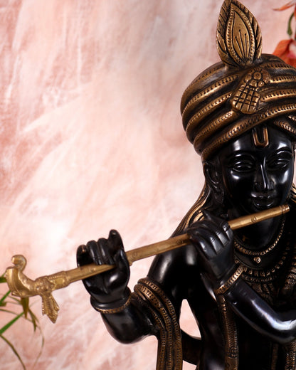 Pure Brass Lord Krishna with Turban (Pagdi) – Black Edition (29 Inches) - Budhshiv.com