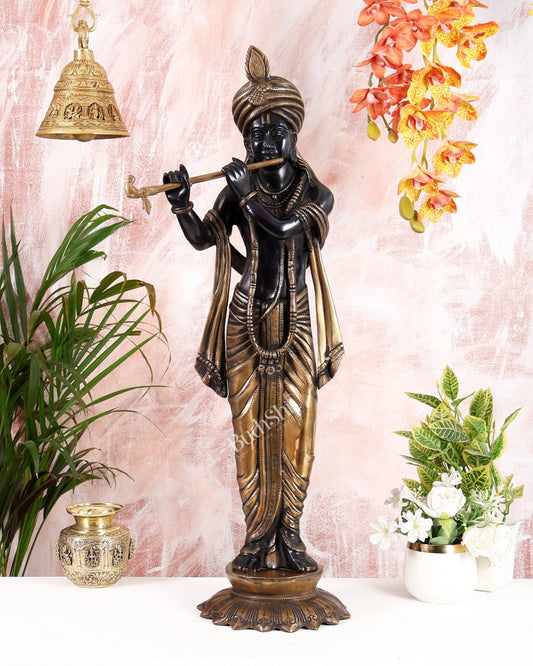 Pure Brass Lord Krishna with Turban (Pagdi) – Black Edition (29 Inches) - Budhshiv.com