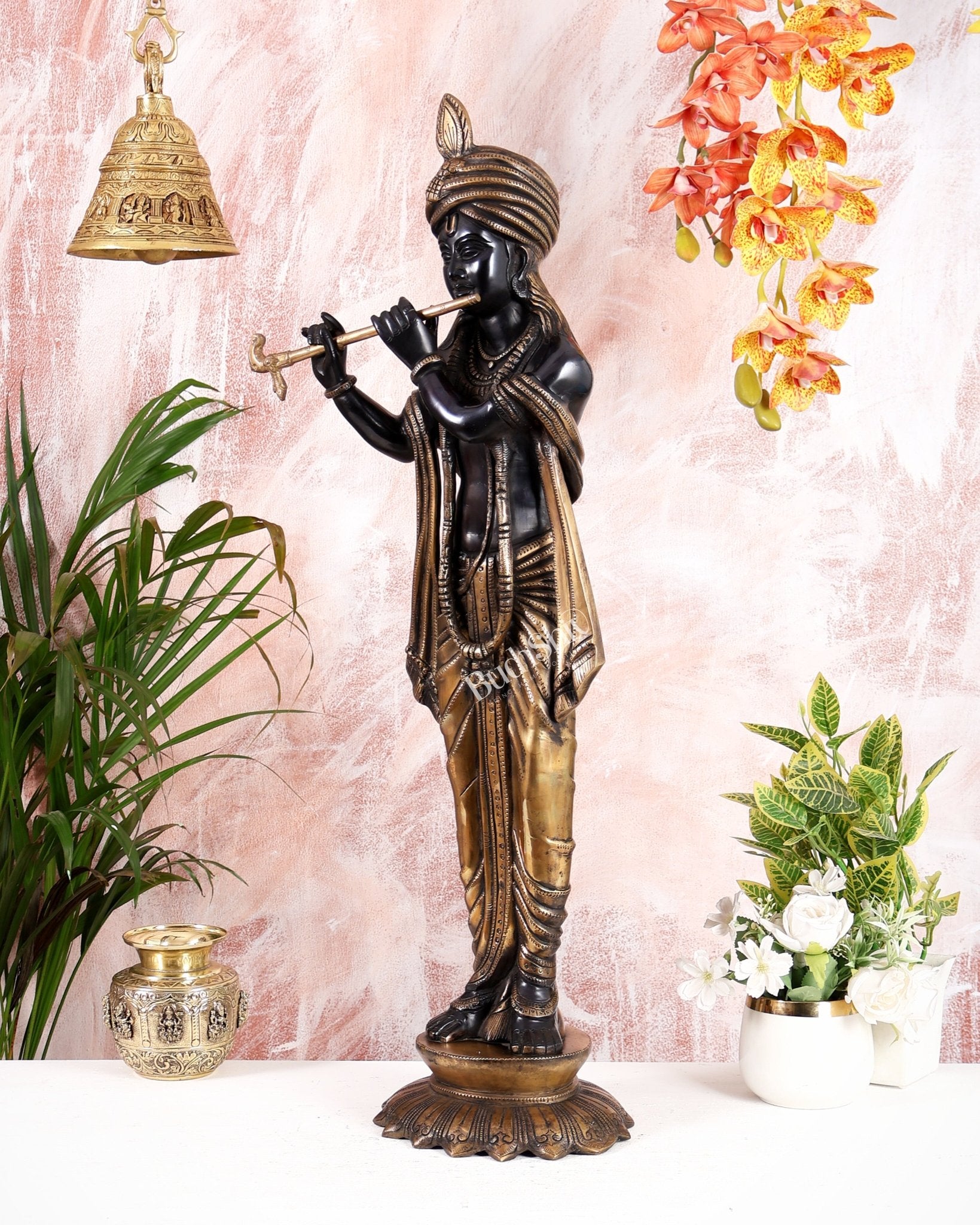 Pure Brass Lord Krishna with Turban (Pagdi) – Black Edition (29 Inches) - Budhshiv.com