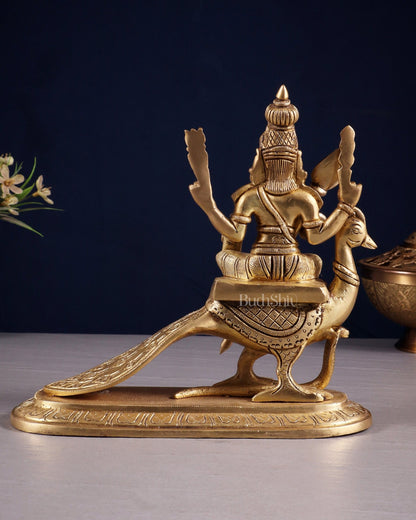 Pure Brass Lord Murugan (Kartikeya) Seated on Peacock Idol 8" - Budhshiv.com