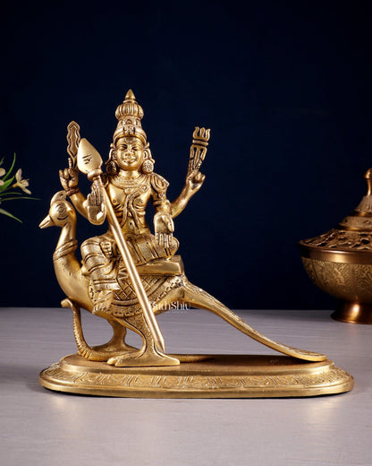 Pure Brass Lord Murugan (Kartikeya) Seated on Peacock Idol 8" - Budhshiv.com