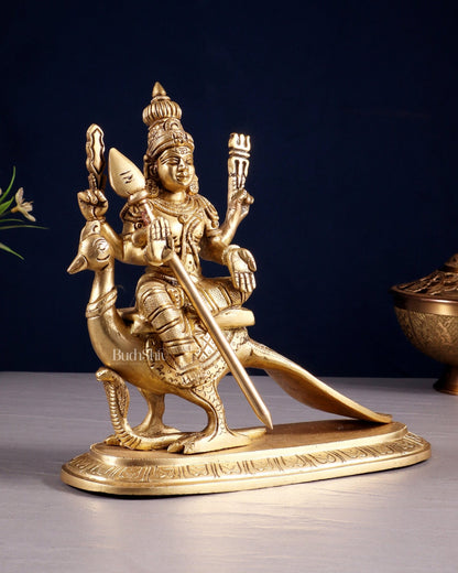 Pure Brass Lord Murugan (Kartikeya) Seated on Peacock Idol 8" - Budhshiv.com