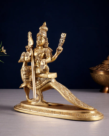 Pure Brass Lord Murugan (Kartikeya) Seated on Peacock Idol 8" - Budhshiv.com
