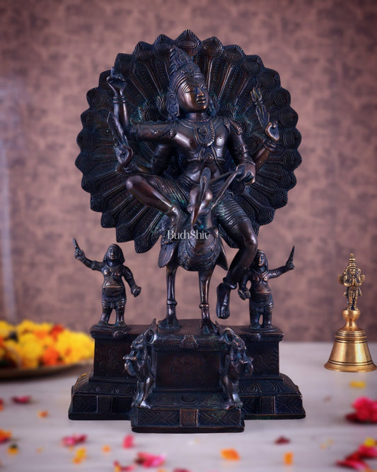 Pure Brass Lord Murugan Sitting on a Peacock Sculpture | Antique Bronze Tone 17" - Budhshiv.com