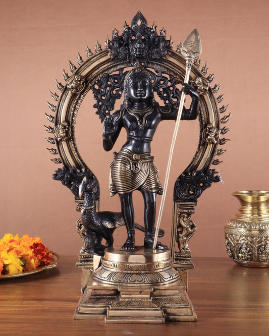 Pure Brass Lord Murugan Statue with Peacock and Prabhavali black finish - Budhshiv.com