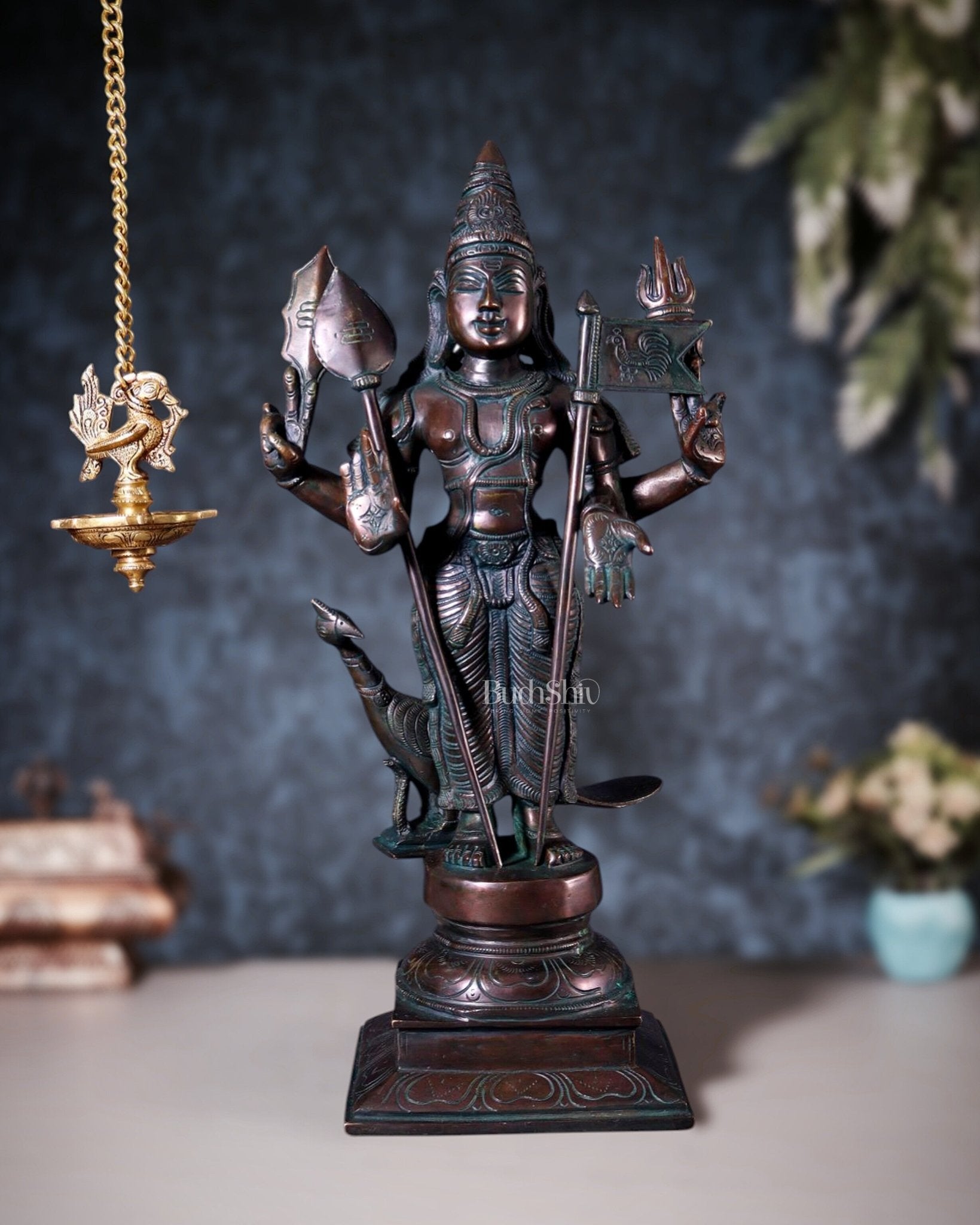 Pure Brass Lord Murugan Statue with Vel and Flag – Bronze Tone 21" - Budhshiv.com