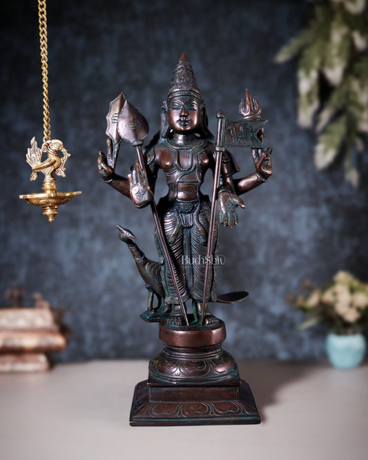 Pure Brass Lord Murugan Statue with Vel and Flag – Bronze Tone 21" - Budhshiv.com