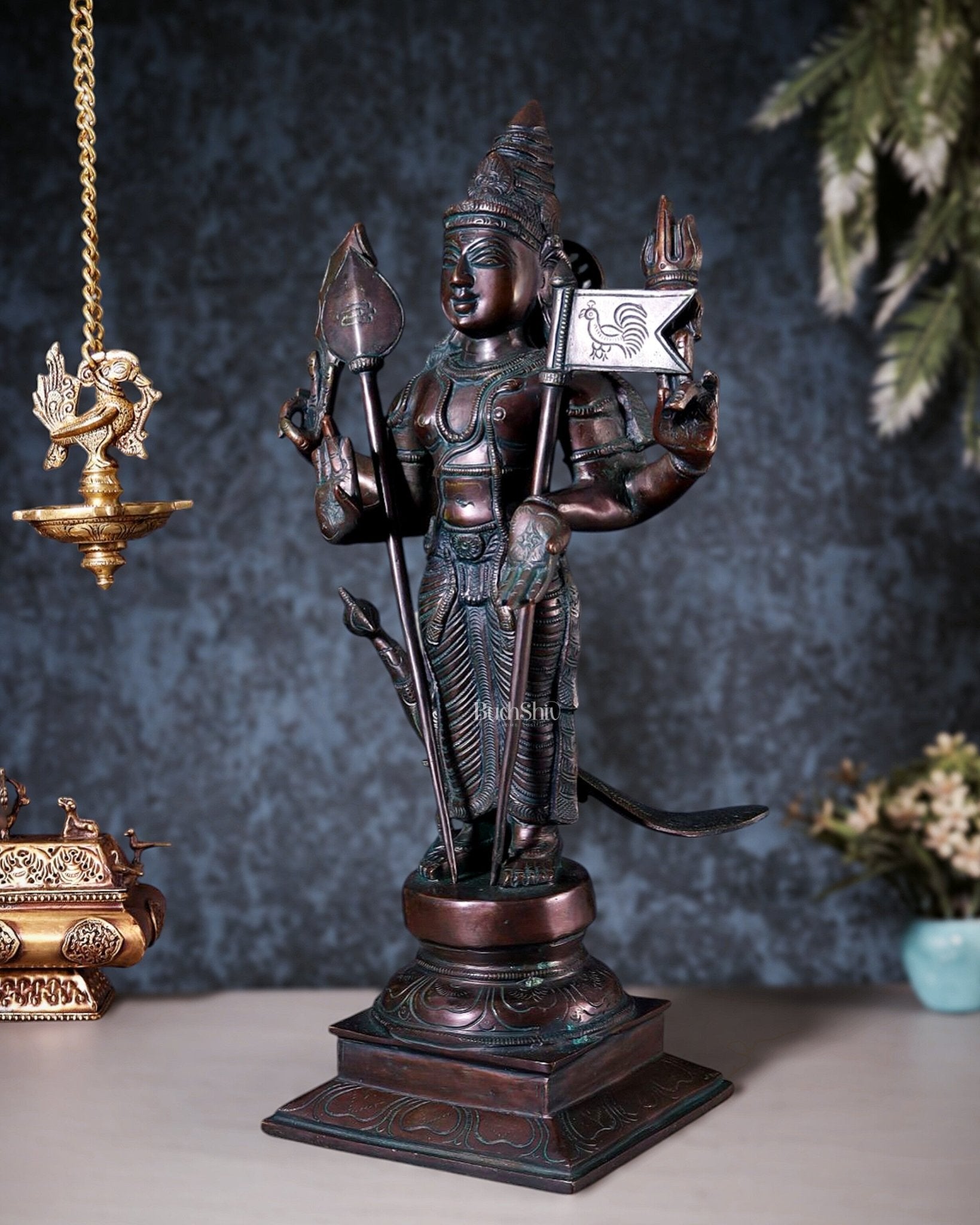 Pure Brass Lord Murugan Statue with Vel and Flag – Bronze Tone 21" - Budhshiv.com