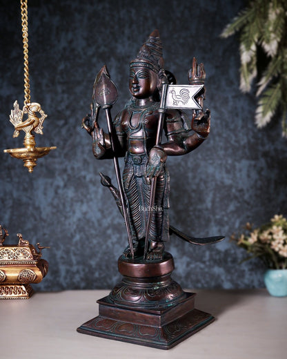 Pure Brass Lord Murugan Statue with Vel and Flag – Bronze Tone 21" - Budhshiv.com