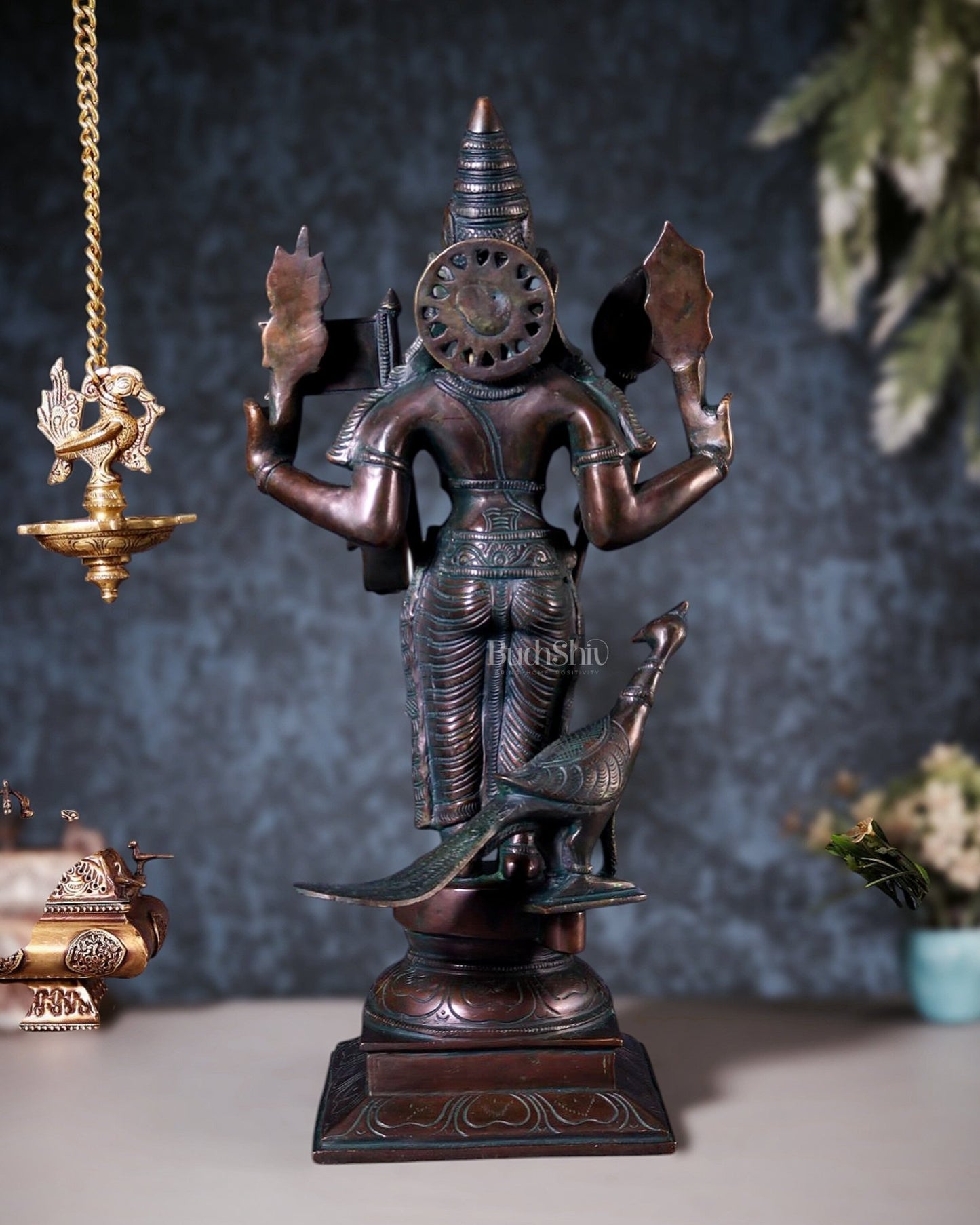Pure Brass Lord Murugan Statue with Vel and Flag – Bronze Tone 21" - Budhshiv.com